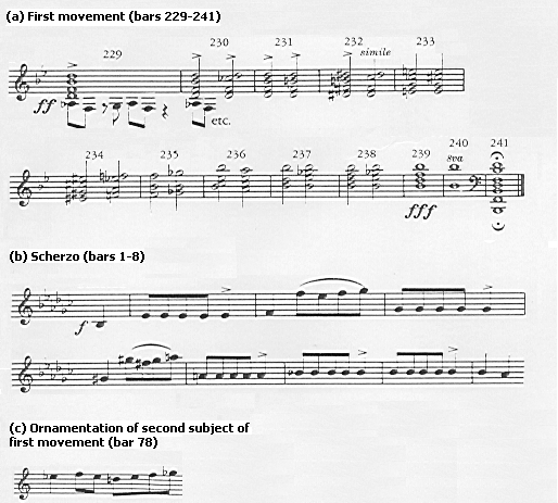 Similarity in outline between bars 229-241 of first movement and bars 1-8 of Scherzo